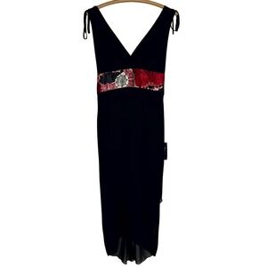 Ruby Rox Black Maxi Dress M Tie Shoulder V-Neck Asian Print Waist Made USA